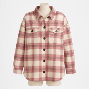 Nordstrom Plaid Brushed Shacket Women’s Size 2X Ivory Pink Oversized Button-Down